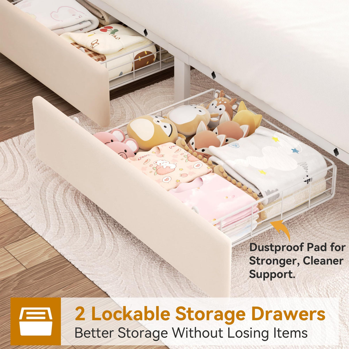 Full Upholstered LED Bed Frame with 2 Storage Drawers and 2-Tier Storage Headboard, Velvet Princess Platform Bed with Charging Station & Bookcase, Corner Bed Frame, Heavy Duty Metal Support, Beige Jocoevol