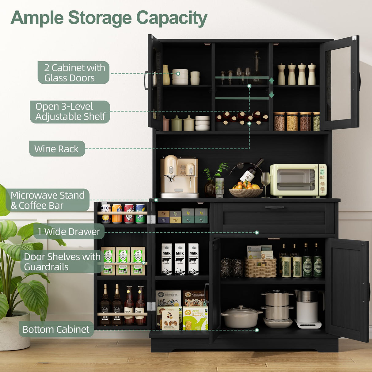 Shintenchi Kitchen Pantry Storage Cabinet, Freestanding Buffet Cabinet with Microwave Stand & 4 Door Shelves, Kitchen Hutch with Doors, Adjustable Shelves and Wine Rack, Black Shintenchi