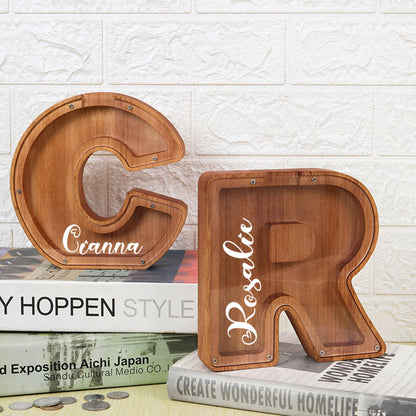 Custom Wooden Piggy Bank, Laser Engraved Name Coin Bank, Personalized Letter Money Bank,Customized Wood Toy for Kids, Birthday for Boys and Girls.