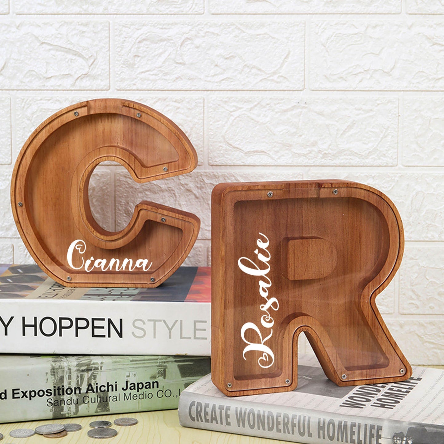 Custom Wooden Piggy Bank, Laser Engraved Name Coin Bank, Personalized Letter Money Bank,Customized Wood Toy for Kids, Birthday for Boys and Girls. (9in.)