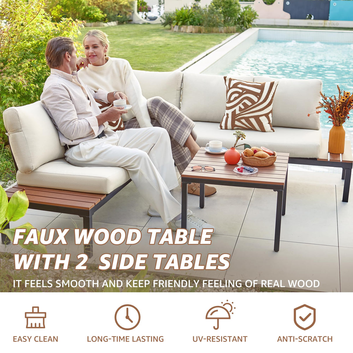 NATURAL EXPRESSIONS Patio Furniture Sets, Metal Outdoor Sectional L Shape Corner Sofa Outdoor Couch with Detachable Backrest,3 Fauxwood Tables,Black Frame,Beige Olefin Cushions for Yard,Garden NATURAL EXPRESSIONS