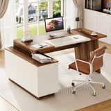 LITTLE TREE 70.5-Inch Executive Desk, Large Home Office Desk with Storage Cabinet and Open Shelves, L-Shaped Computer Corner Desk, Workstation for Office Home, Walnut and Black LITTLE TREE