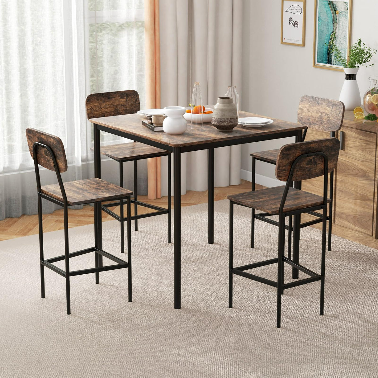 Giantex Industrial 5-Piece Counter Height Dining Set with Bar Stools in Mix Brown Giantex