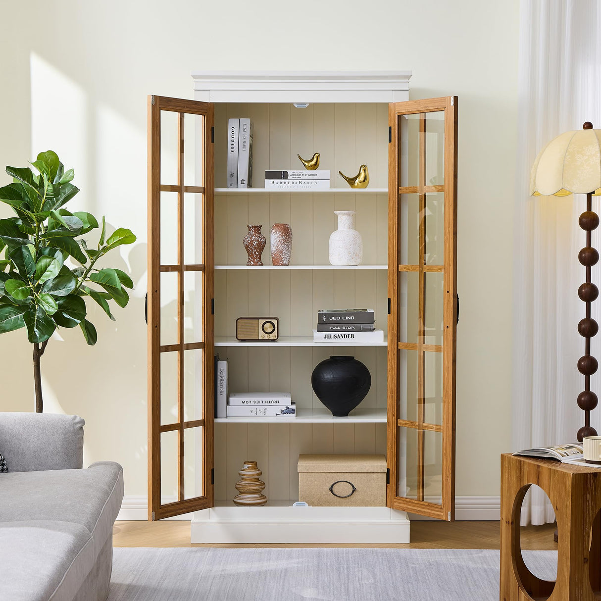 Polibi 71.2" Rustic Display Cabinet with Glass Doors - Curio China Cabinet for Collectibles, Books & Decor, Adjustable Shelves, Fits Living Room, Kitchen, Hallway or Office, White+Brown Polibi