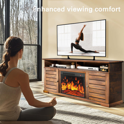 Marsail Fireplace TV Stand, Electric Fireplace TV Stand for TVs Up to 70 Inch, Farmhouse Entertainment Center with 23" Electric Fireplace with Storage, Adjustable Led Flame, Brown