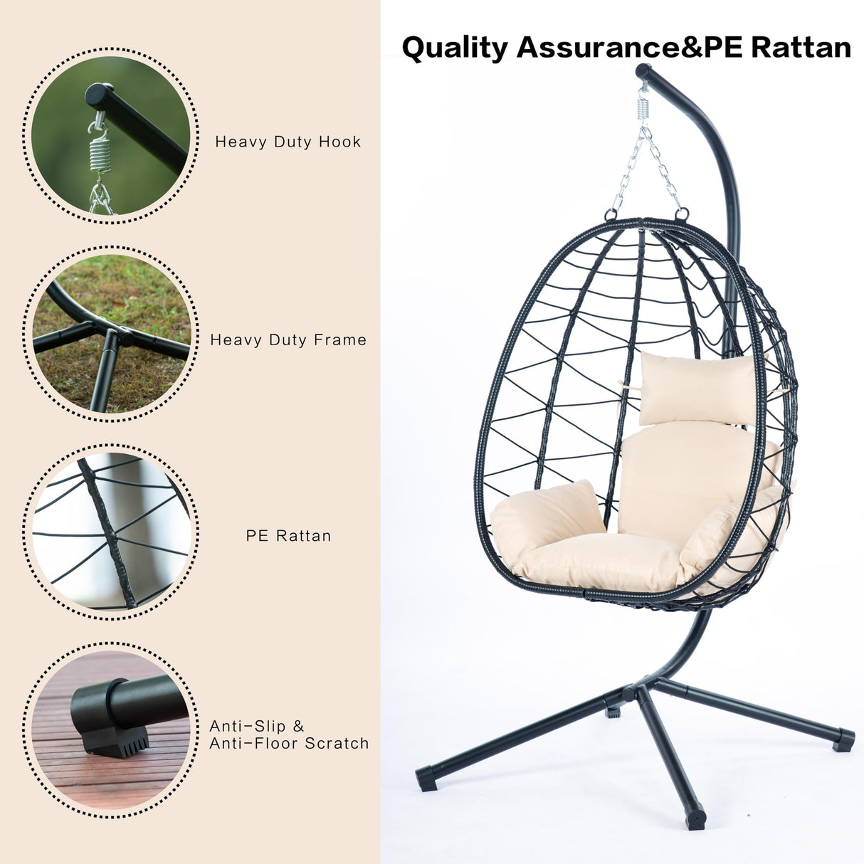 Indoor Outdoor Egg Hanging Chair with Stand, Patio Wicker Outdoor Swings for Adults 350lbs Capacity Hammock Egg Chair with Strong Frame & Soft Cushions for Patio, Bedroom, Balcony, Porch, Yard, Black Ziraukon