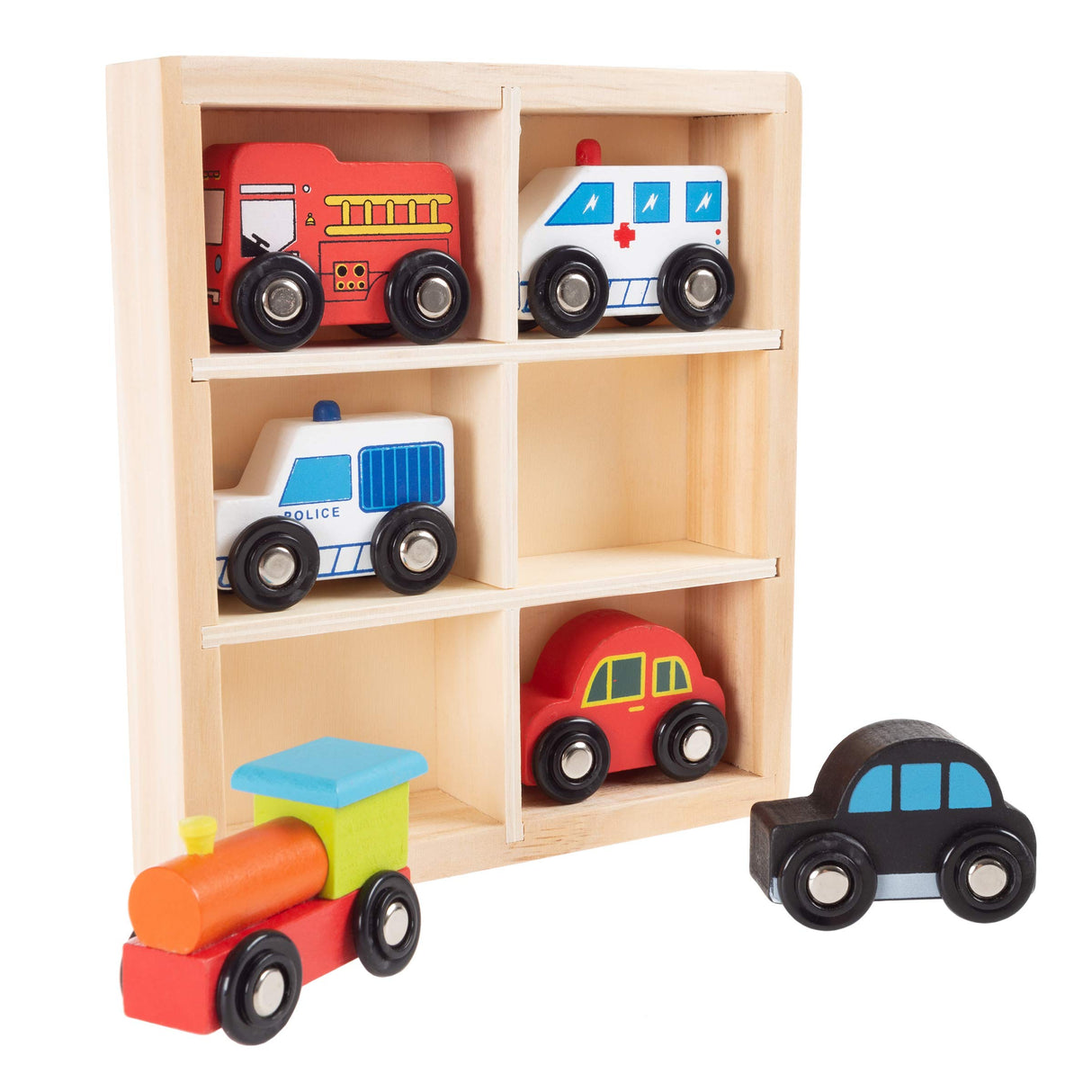 Hey! Play! Wooden Car PlaySet-6-Piece Mini Toy Vehicle Set with Cars, Police and Fire Trucks, Train-Pretend Play Fun for Preschool Boys and Girls Hey! Play!