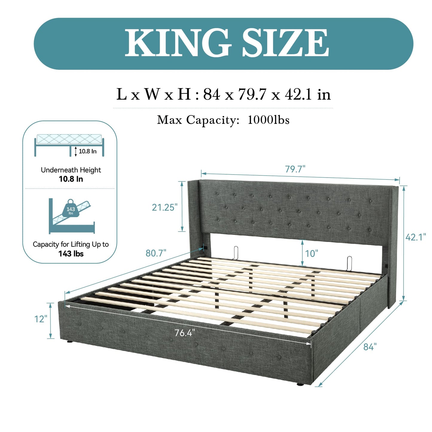 HOOMIC King Size Lift Up Storage Bed with Wingback Headboard/Heavy-Duty Upholstered Platform Bed Frame/Hydraulic Bed/Large Under Storage/Strong Wooden Slats Support/Noise-Free/Dark Grey