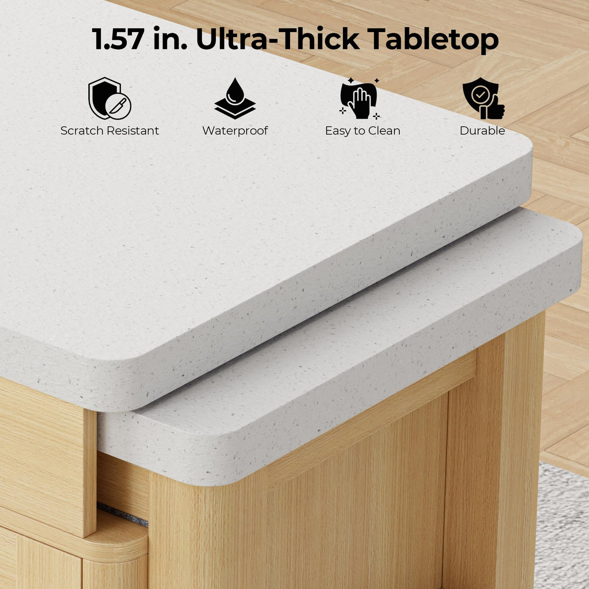 IRONCK 78.7" Kitchen Island with Extendable Dining Table, Rolling Kitchen Cart on Wheels with Quartz Laminate Top, Storage Cabinet, Spice Rack, Shelf & Drawer for Dining Room (Oak) IRONCK