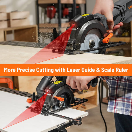 DOVAMAN Circular Saw, 5.8A 4-1/2" Circular Saw w/Laser, Metal Auxiliary Handle, 6 Blades (4½", 4¾"), Cutting Depth 1-11/16" (90°), 1-1/8" (45°), Ideal for Wood, Soft Metal, Plastic, Tile - MCS01A DOVAMAN