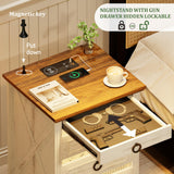 TAGELIER Night Stand Set 2 with Gun Drawer, Farmhouse Bedside Table with Charging Station, Gun Nightstand with LED Light & Human Sensor, Smart End Table for Bedroom, Antique White TAGELIER