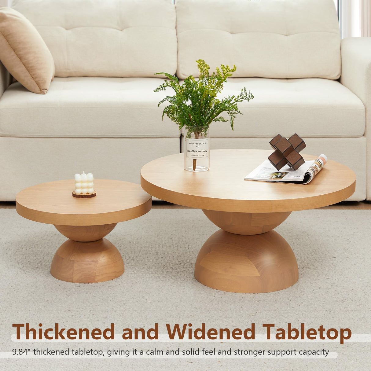 Solid Wood Round Nesting Coffee Table Set of 2, Circle Accent Tables with Unique Semi-Circular Legs, Mid Century Modern Side End Table Set for Small Space Living Room Office (Natural Oak) LEVNARY