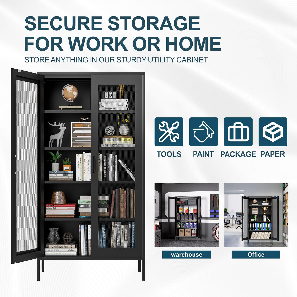 YAUWOH Metal Display Cabinet with Mesh Door,Metal Storage Cabinet with 4 Adjustable Shelves,73" H Kitchen Pantry Storage Cabinet for Collectibles,Home Office,Living Room,Gaming Room(Black) YAUWOH