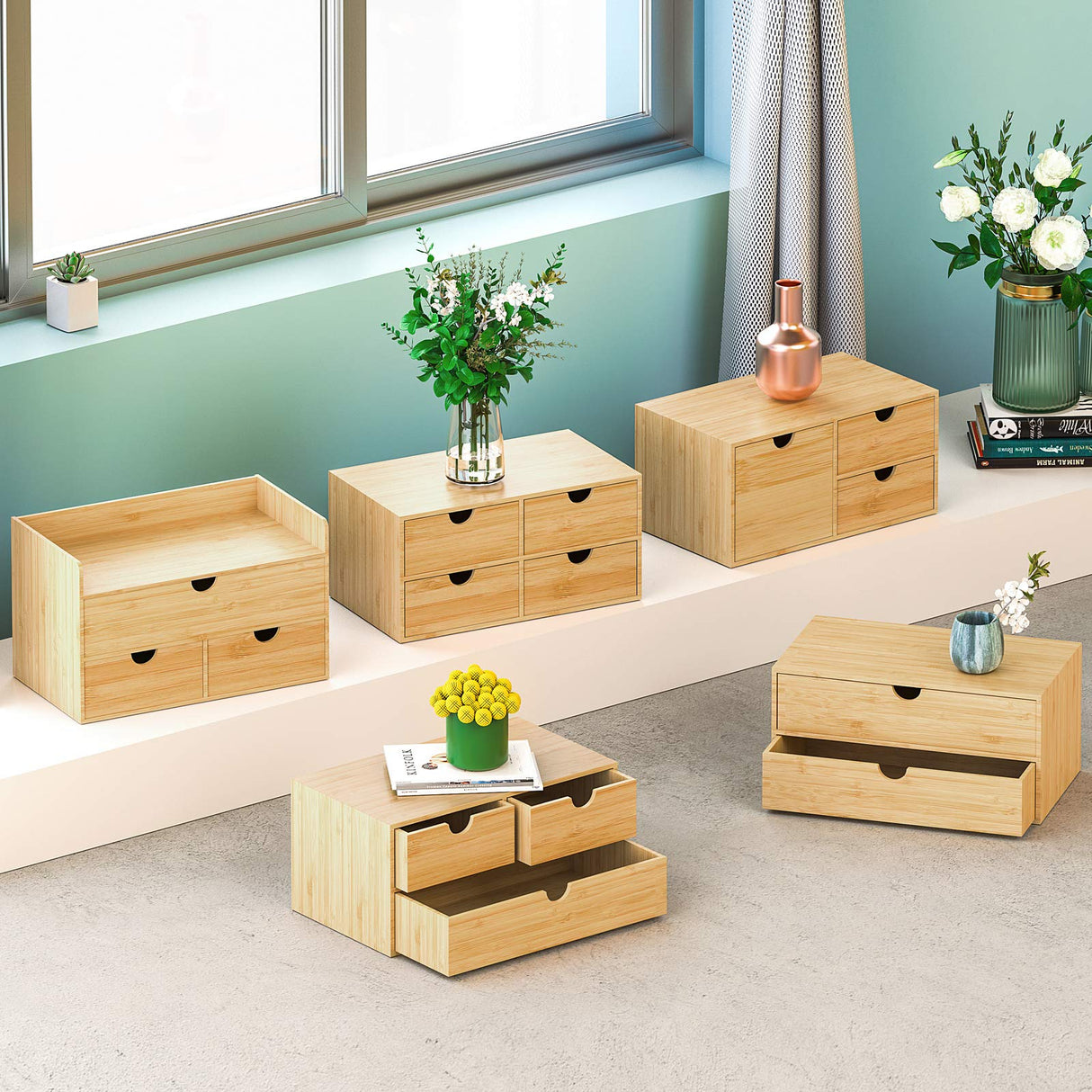 Desk Organizer with Drawers - Bamboo Desktop Organizers Storage | Wood Makeup Organizer for Bills, Office Supplies, Cosmetics, Seals, Kitchen Utensils, No Assembly Required Wisuce