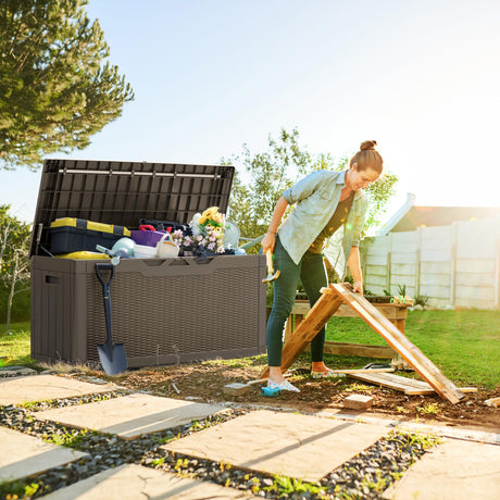 Greesum 100 Gallon Resin Deck Box Lockable Large Outdoor Storage Boxes for Garden Tools, Patio Furniture Cushions, Pool Supplies, Light Coffee Greesum