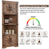 JXQTLINGMU Farmhouse Corner Cabinet, Tall Corner Bathroom Storage Cabinet with Barn Door & Adjustable Shelves, for Living Room, Kitchen,Utility Room (Rustic Brown) JXQTLINGMU