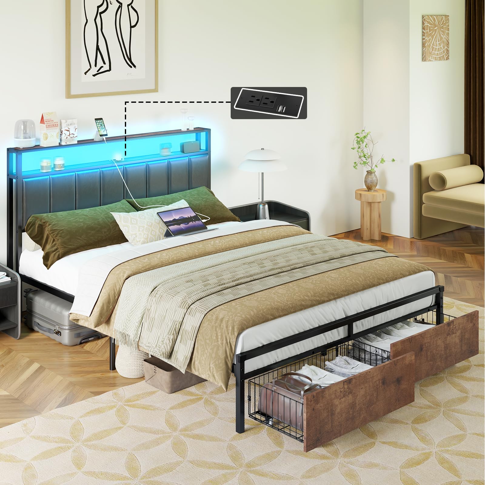 AMERLIFE Rustic Brown LED Platform Bed Frame with Storage Drawers & Charging Station Headboard - WoodArtSupply