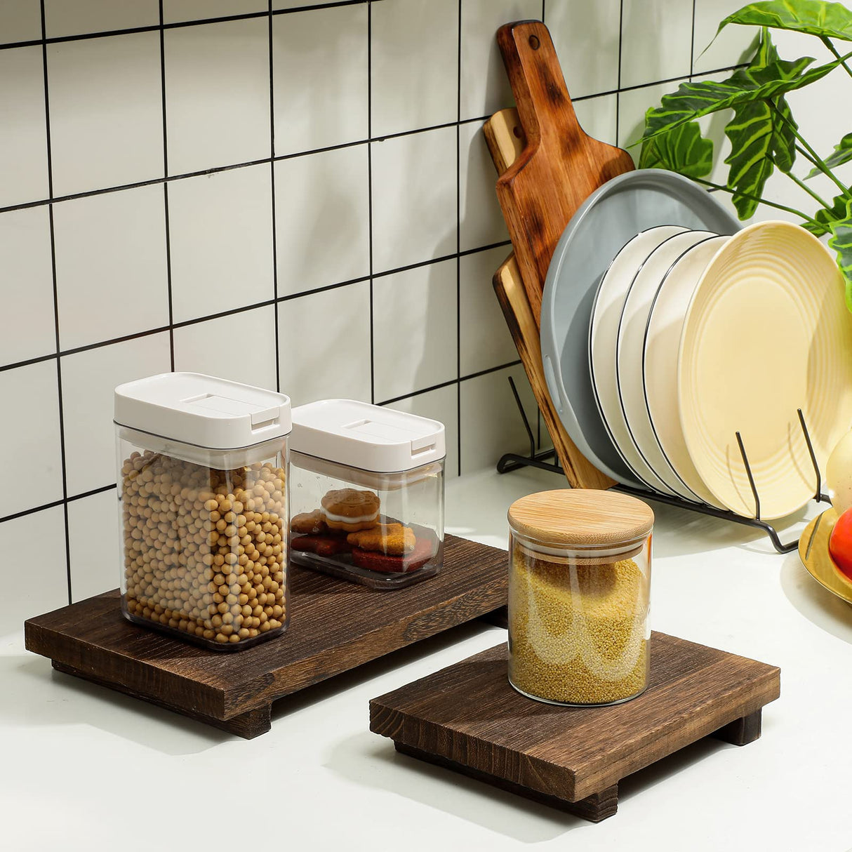 2 Pcs Wood Pedestal Stand Riser Wood Riser Soap Stand for Bathroom Wood Farmhouse Soap Tray for Home Kitchen Counter Table Decor Bottles Plant Jewelry Candles Guest Display (Old Brown) Tiamon