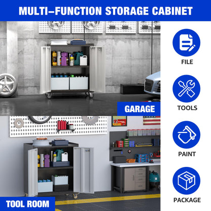 Aobabo 2 Door Tool Cabinets for Garage, 35.4 Inches Lockable Garage Storage Cabinet, Locking Metal Storage Cabinet with Wheels, Rolling Tool Chest, Assembly Required, Black/Gray