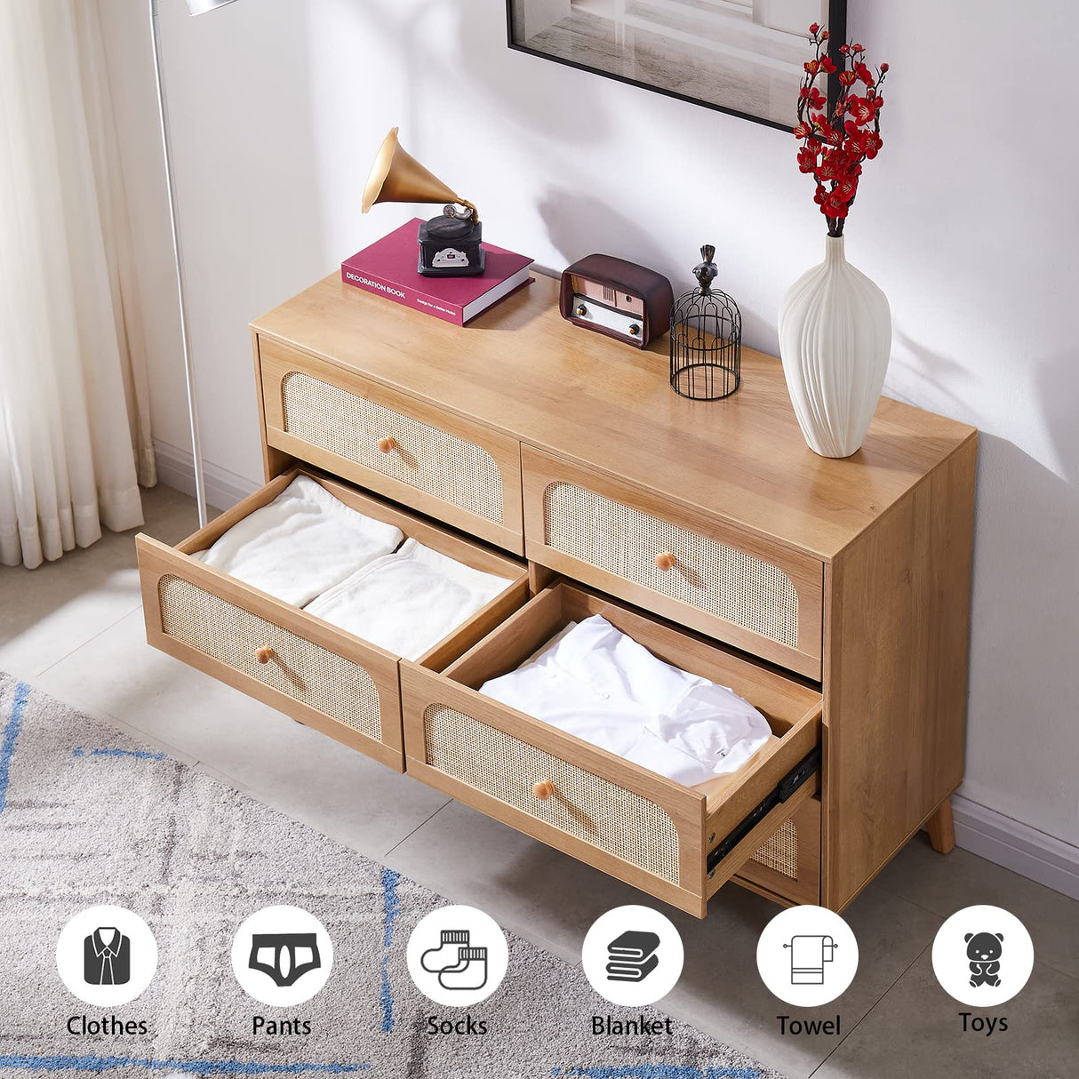 GANLLY Rattan 6 Drawer Dresser for Bedroom, Natural Wood Dresser with Deep Drawers, Wooden Chest of Drawers for Closet with Wide Top, for Living Room, Hallway, Kids Room,Natural GANLLY