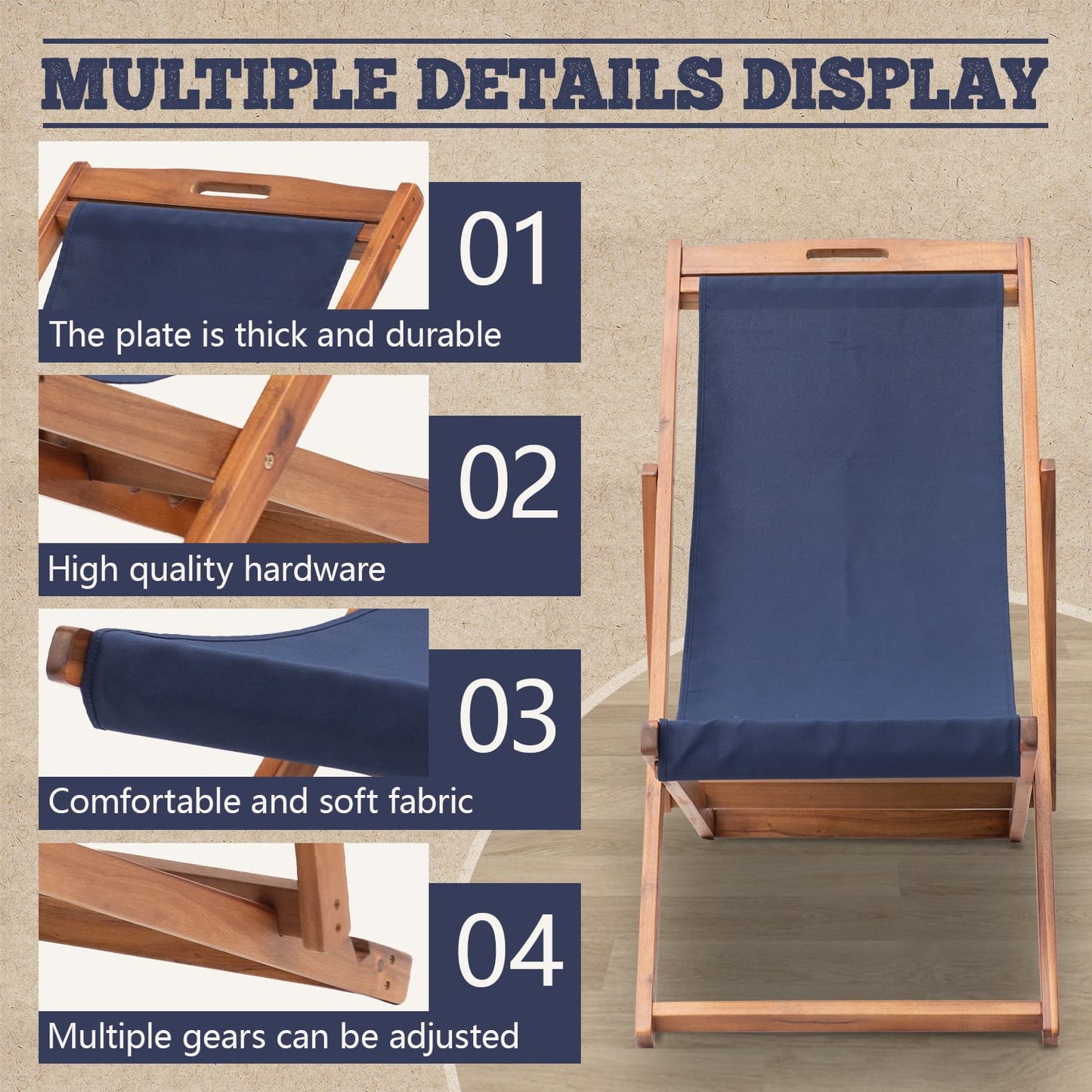 2 Set Outdoor Wooden Patio Lounge Chair Beach Sling Chair Set Height Portable Reclining Beach Chair Solid Wood Frame with White Polyester Canvas 3 Level,Blue