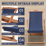2 Set Outdoor Wooden Patio Lounge Chair Beach Sling Chair Set Height Portable Reclining Beach Chair Solid Wood Frame with White Polyester Canvas 3 Level,Blue FDW