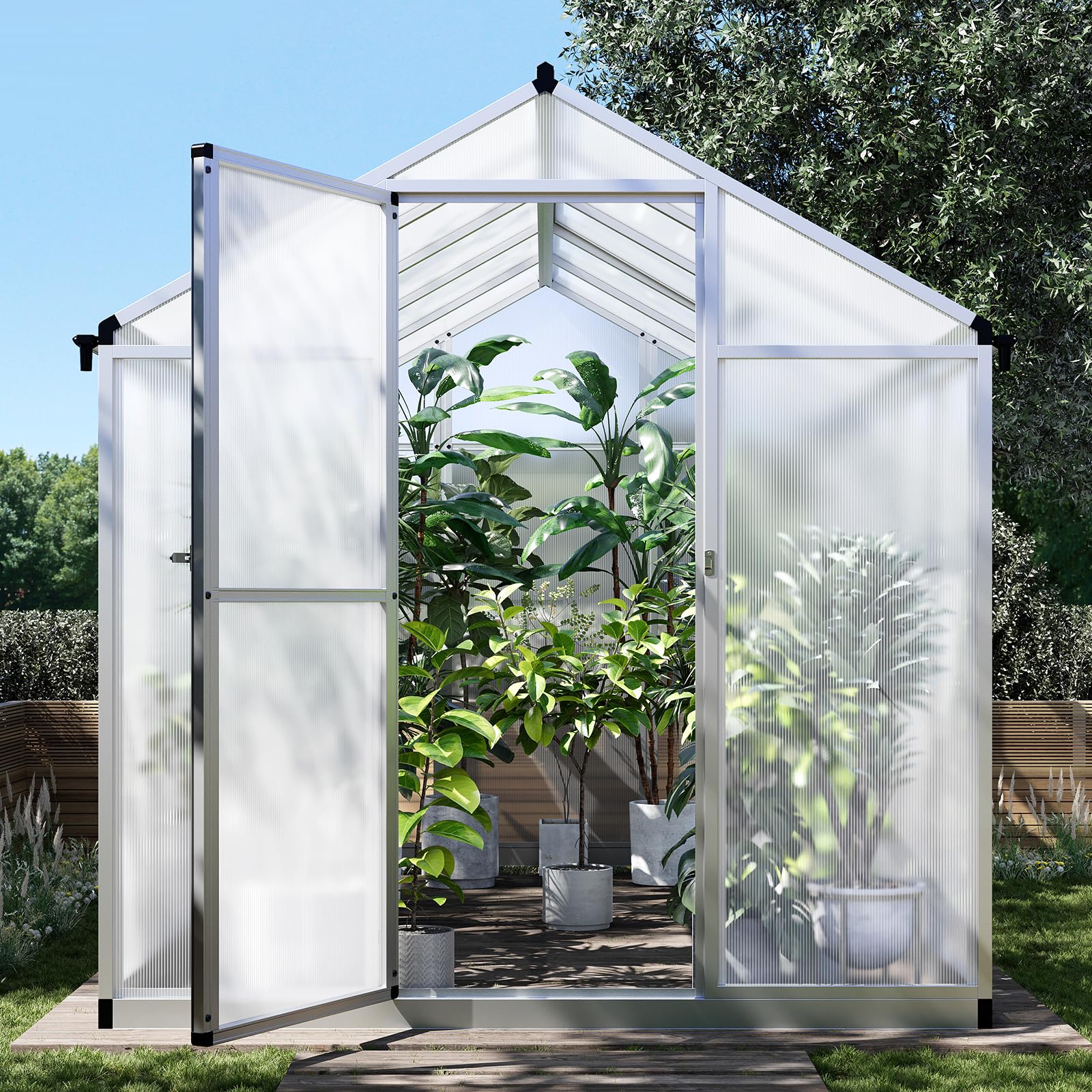 TROPOW 6.25 x 10 Ft Greenhouse for Outdoors with Quick Structure, Aluminum Alloy & Polycarbonate Green House with 24" x 23" Roof Windows Vent, Walk in Sunroom for Patio, Backyard, Garden,Silv - WoodArtSupply