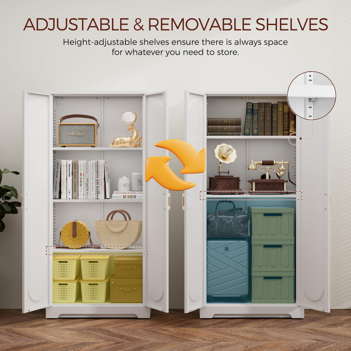 Kubohogar White Pantry Cabinet with Doors, 60" Tall Metal Pantry Cabinet with 3 Adjustable Shelves and Gold Handles, Kitchen Cupboard for Kitchen, Dining Room, Office Kubohogar