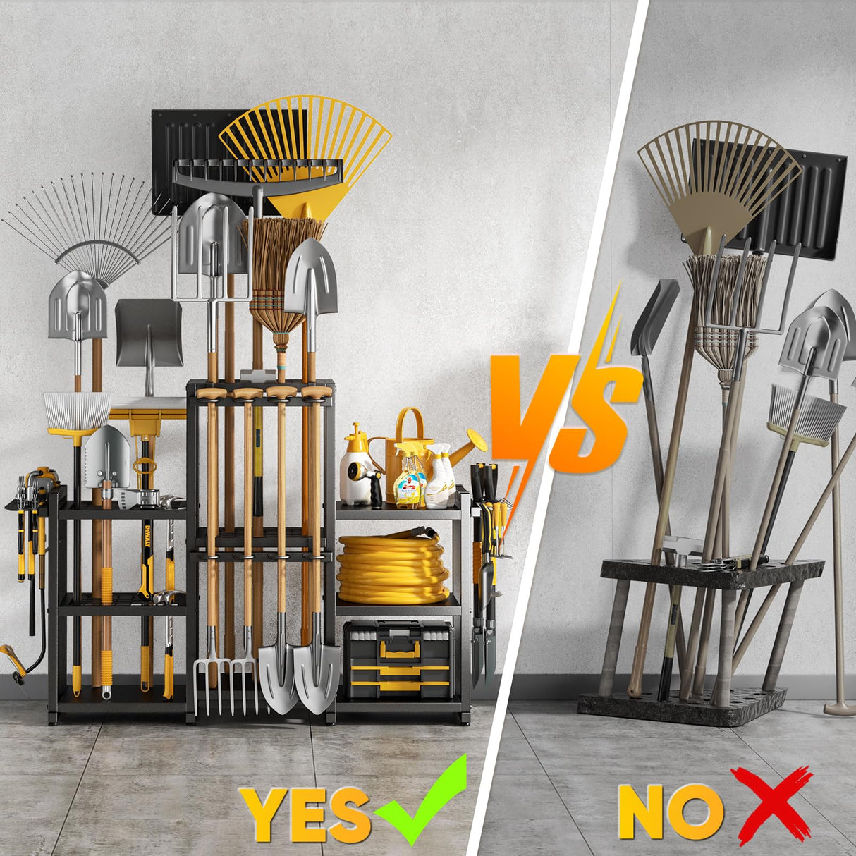 POKIPO 42" H Large Garden Tool Organizer, Holds Up to 86 Tools, Heavy Duty Yard Tool Organizer for Garage, 61“ Wide Lawn Freestanding Tool Storage Rack for Outdoor Shed Tool Rake, Shovel, Brooms POKIPO