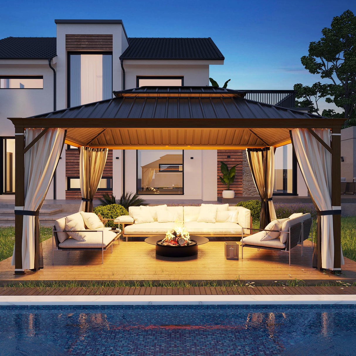 YOLENY 12' x 16' Hardtop Gazebo Faux Wood Grain Metal Gazebo with Aluminum Frame, Galvanized Steel Double Roof, Outdoor Patio Gazebo Pergolas with Netting and Curtains for Backyard, Patio, Lawns YOLENY