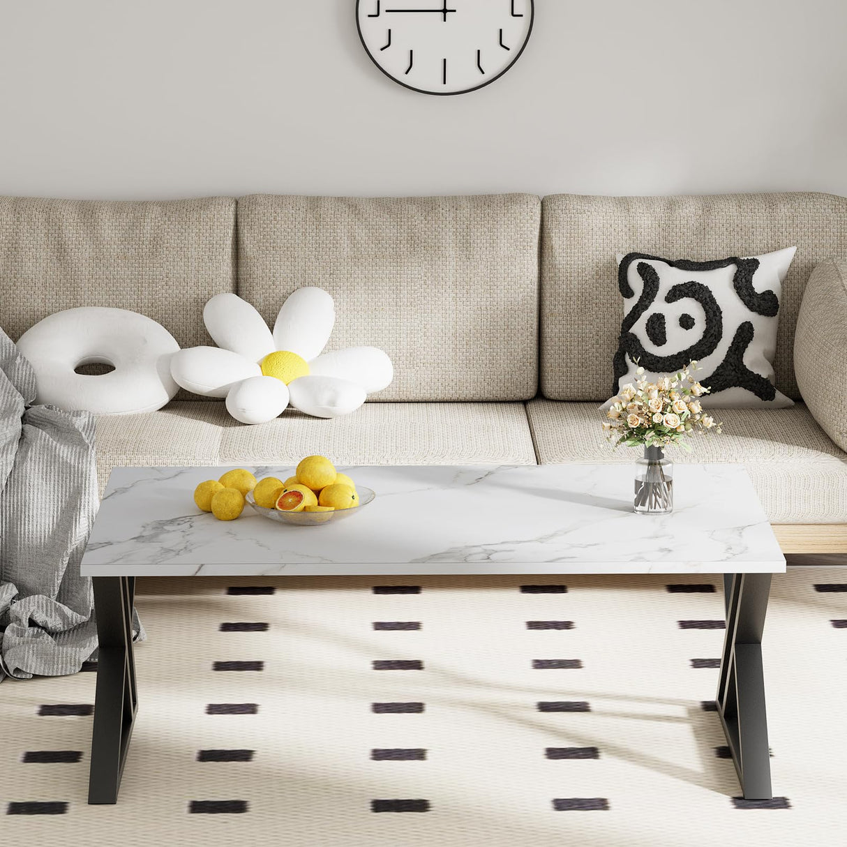 Wolawu Coffee Table White Living Room Center Table, Simple Modern Faux Marble Rectangular Tea Table with Sturdy Black Metal Frame,Industrial Wooden Coffee Table for Bedroom Home Office Wolawu