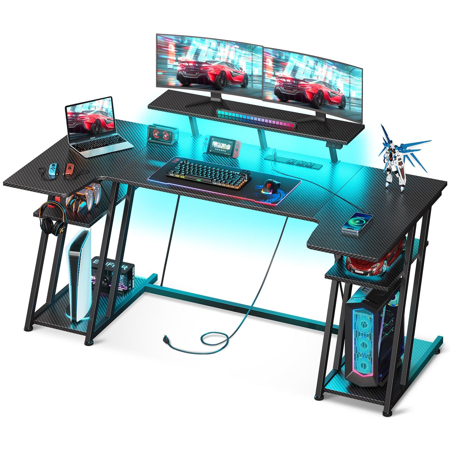 MOTPK Gaming Desk with LED Lights, 60 Inch U Shaped Desk with Power Outlet, Gaming Computer Desk with Storage Shelves, PC Gaming Table with Monitor Stand&Headphone Hook, Carbon Fiber Texture, - WoodArtSupply