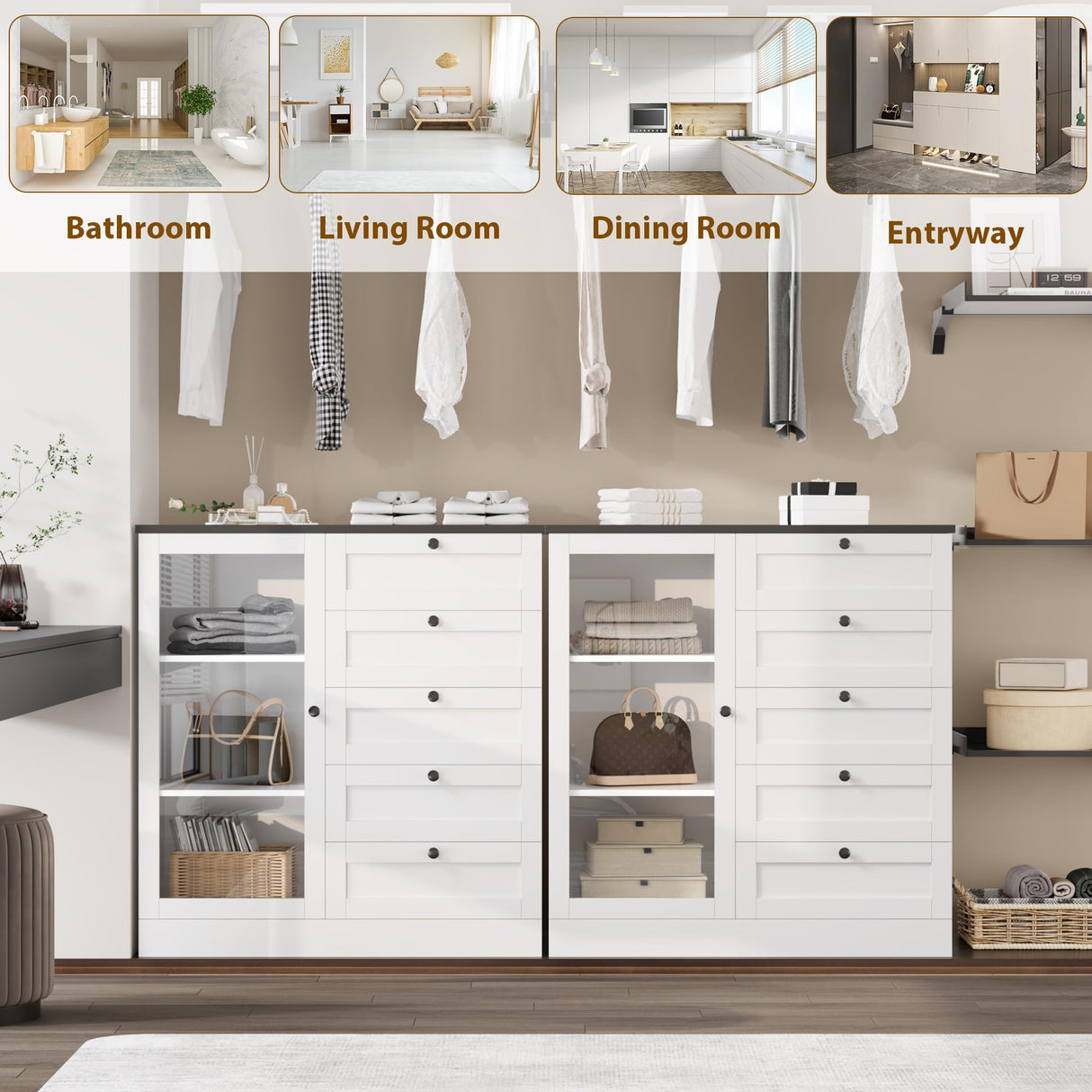 HOSTACK 5 Drawer Dresser with Door, White Storage Cabinet with Drawers and Shelves, Wide Wood Dresser, Modern Chest of Drawers Organizers for Living Room, Kitchen, Hallway HOSTACK