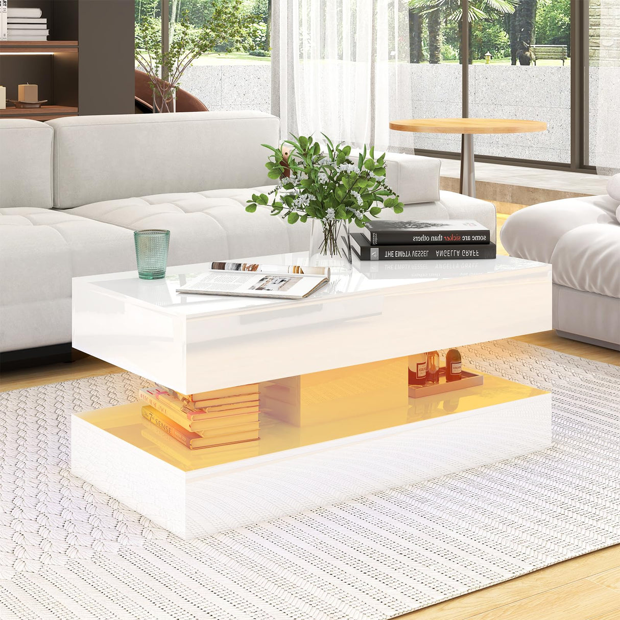 Verano Garden Modern High Gloss LED Coffee Table with Storage, 2-Tier Center Table with Open Display Shelf & 2 Sliding Drawers, Rectangle Coffee Tables for Living Room, Bedroom, White Verano Garden