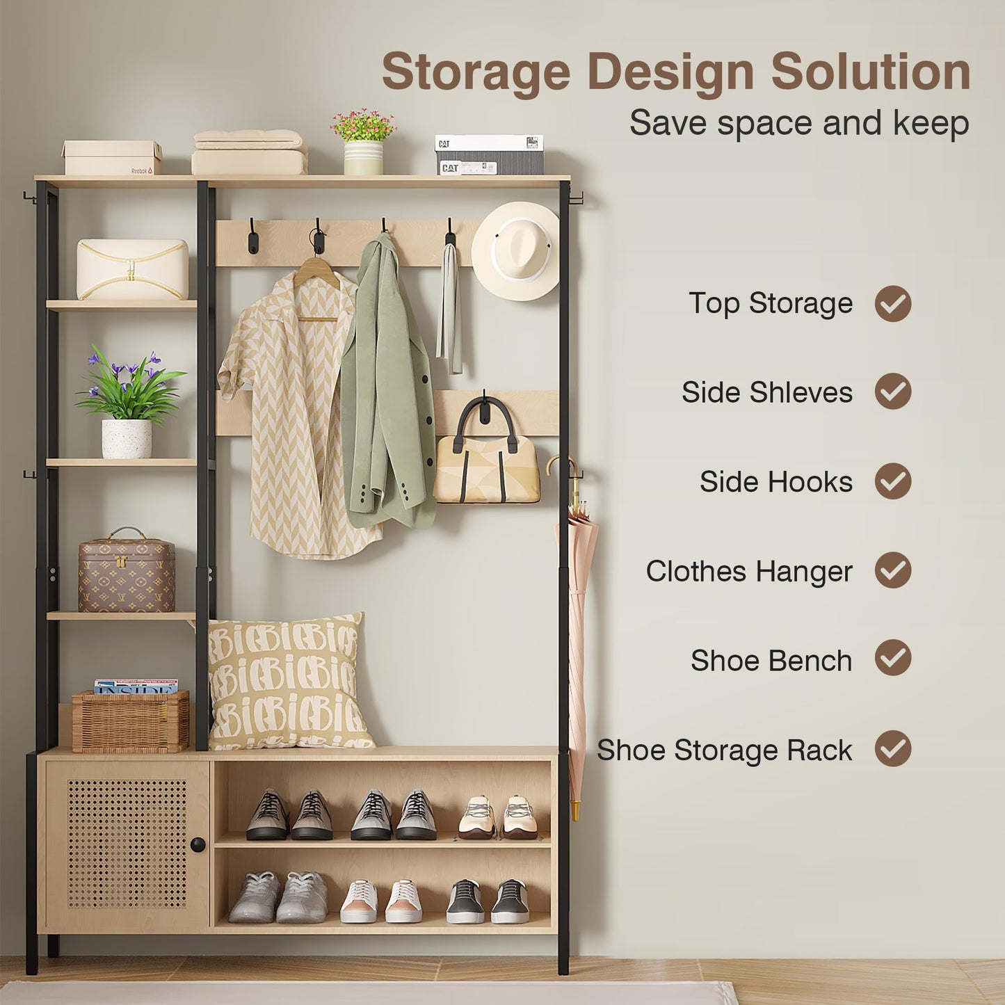 VECELO Hall Tree for Entryway, 5-in-1 Coat Rack with Bench Shoe Storage 2-Tier Storage Shelf, Coat Rack with 9 Hooks, Storage Shelves for Hallway Bedroom 47.2 x 13.78 x 70.87, Beige