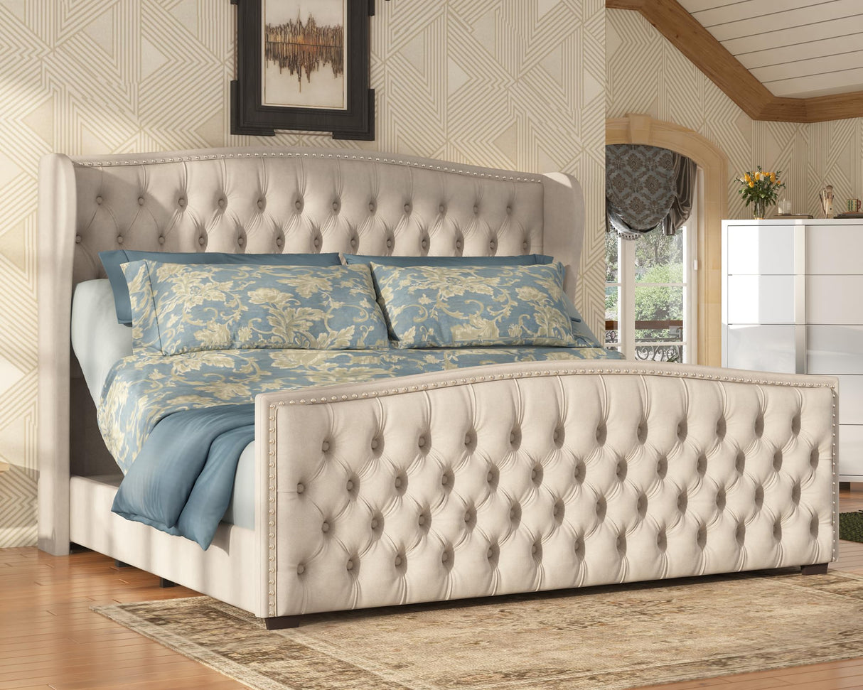 AMERLIFE King Size Adjustable Bed Frame with 51" H Velvet Upholstered and Deep Button Tufted Headboard, Electric Bed with Dual Motor/Nailhead Trim Wingback, No Box Spring Needed, Cream AMERLIFE