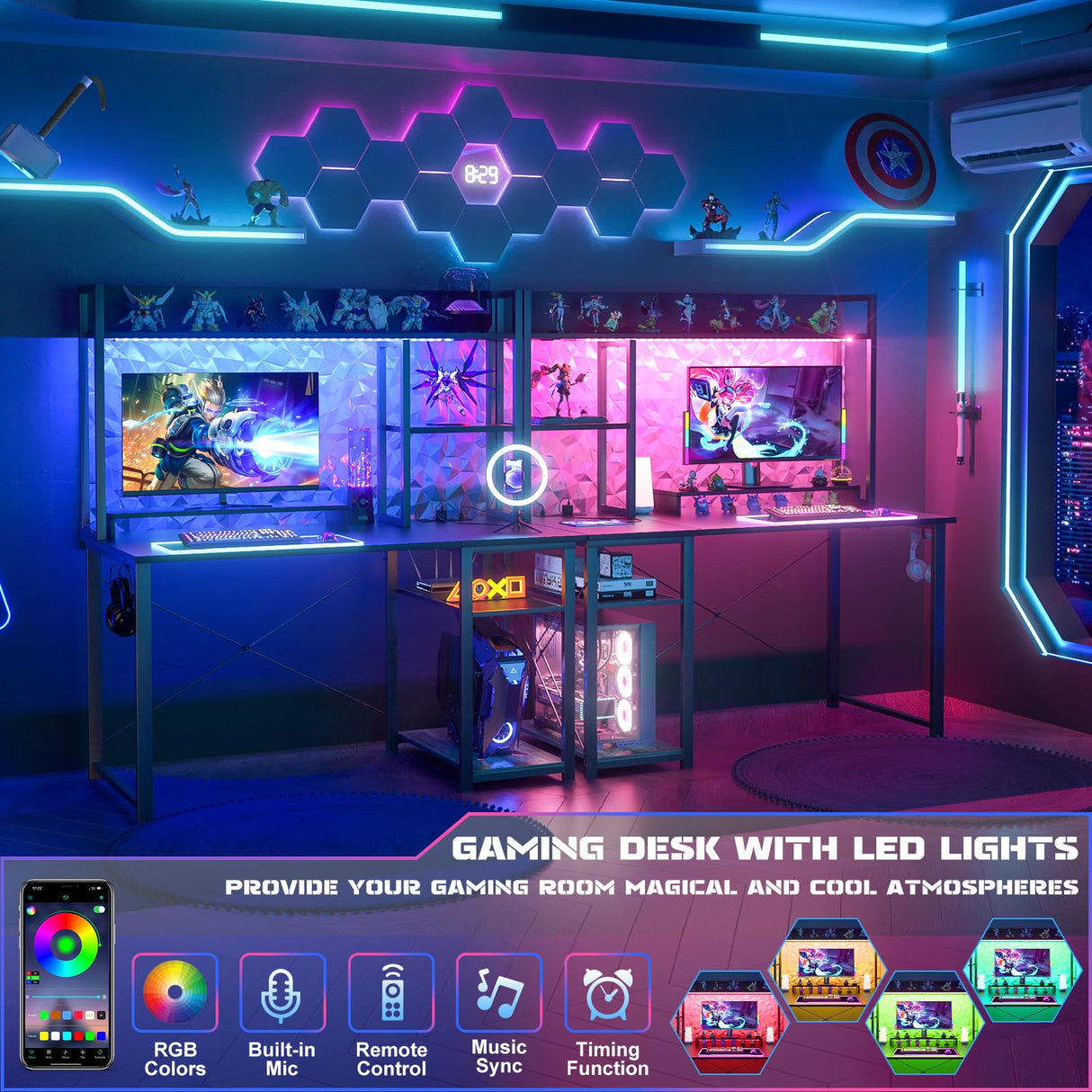 Cyclysio Gaming Desk with Hutch, 39'' Computer Desk with LED Lights & Power Outlets, Home Office Desk with Reversible 5 Tiers Storage Shelves & Monitor Stand, Small Gaming Table for Small Space, Black Cyclysio