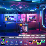 Cyclysio Gaming Desk with Hutch, 39'' Computer Desk with LED Lights & Power Outlets, Home Office Desk with Reversible 5 Tiers Storage Shelves & Monitor Stand, Small Gaming Table for Small Space, Black Cyclysio