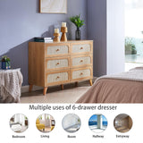 GANLLY Rattan 6 Drawer Dresser for Bedroom, Natural Wood Dresser with Deep Drawers, Wooden Chest of Drawers for Closet with Wide Top, for Living Room, Hallway, Kids Room,Natural GANLLY