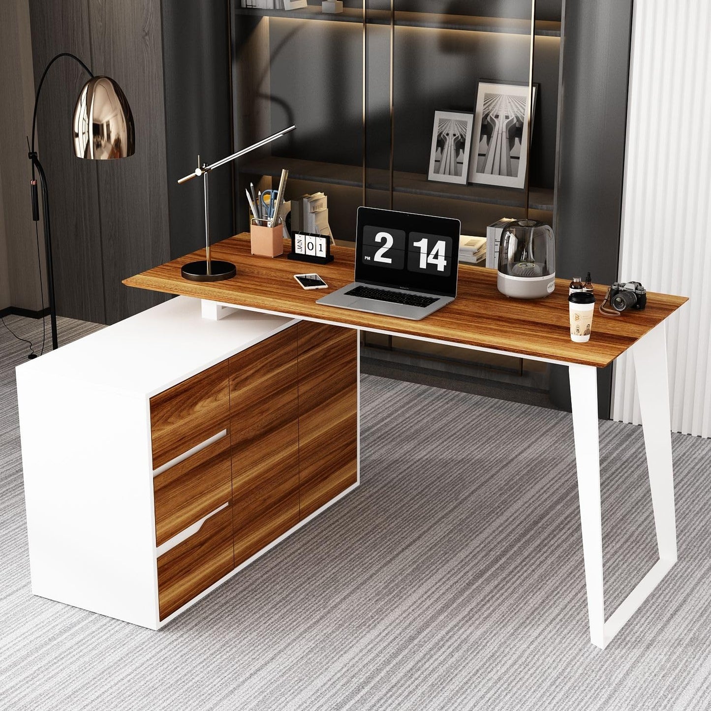 MOUMON Corner Desk Office Desk with Drawers & Pop-Up Doors, Farmhouse Style, L-Shaped Desk with Adjustable Shelves, Executive Desk Walnut and White (54.3”W x 40.9”D x 29.1”H) - WoodArtSupply