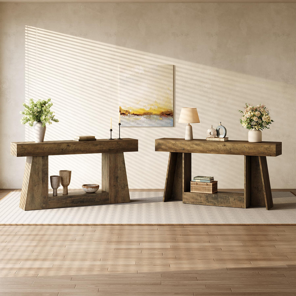 LITTLE TREE 63" Farmhouse Console Table with Storage, Rustic Sofa Table for Entryway, Narrow Long Sofa Table Behind Couch, Console Table for Living Room, Hallway—Versatile Storage Solution, Oak LITTLE TREE