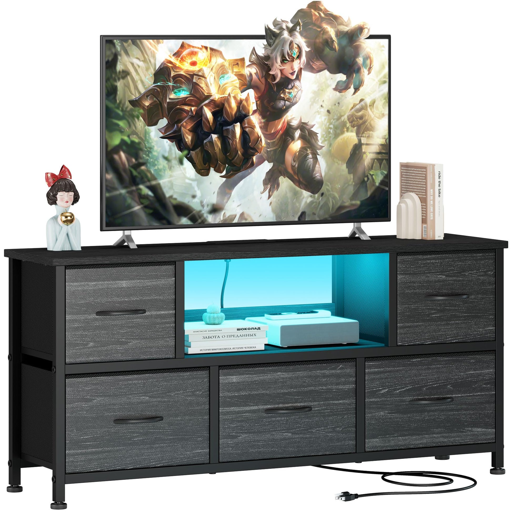 Lulive TV Stand Dresser for Bedroom with LED Light, Entertainment Center for 55 inch TV, 5 Drawer Dresser TV Stand with Power Outlets, Adjustable Feet for Living Room Bedroom, Charcoal Black - WoodArtSupply