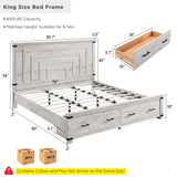 RedLemon Farmhouse King Size Bed Frame w/ 54" Tall Geometric Headboard, Rustic Wood Platform Bed w/ 2 Large Storage Drawers, Wood Slats Support, Noise Free, No Box Spring Needed, Antique Brush White RedLemon