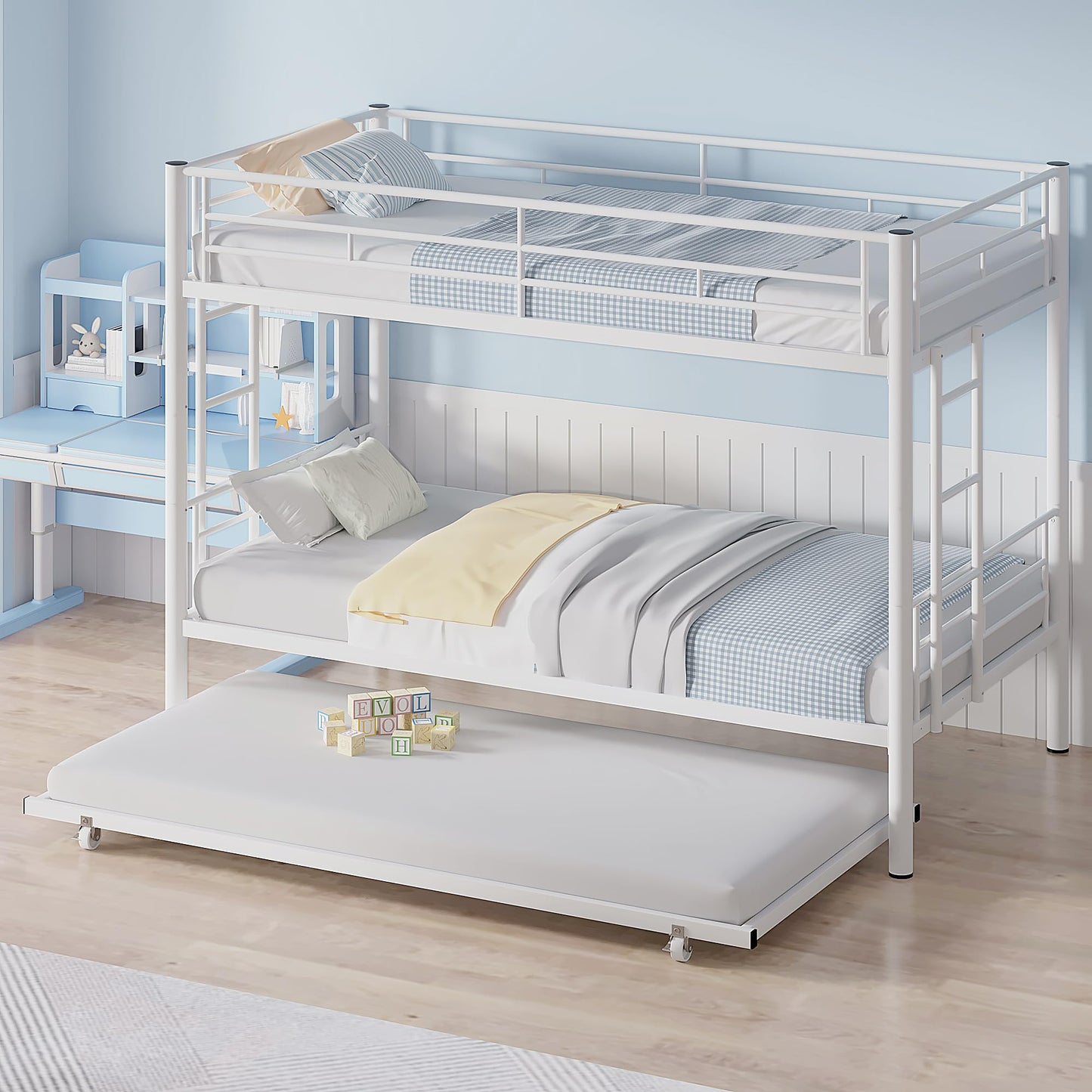 VECELO Twin Over Twin Bunk Bed with Trundle, Metal Bunkbeds with Ladder and Full-Length Guardrail, Noise Free, No Box Spring Needed, Off White