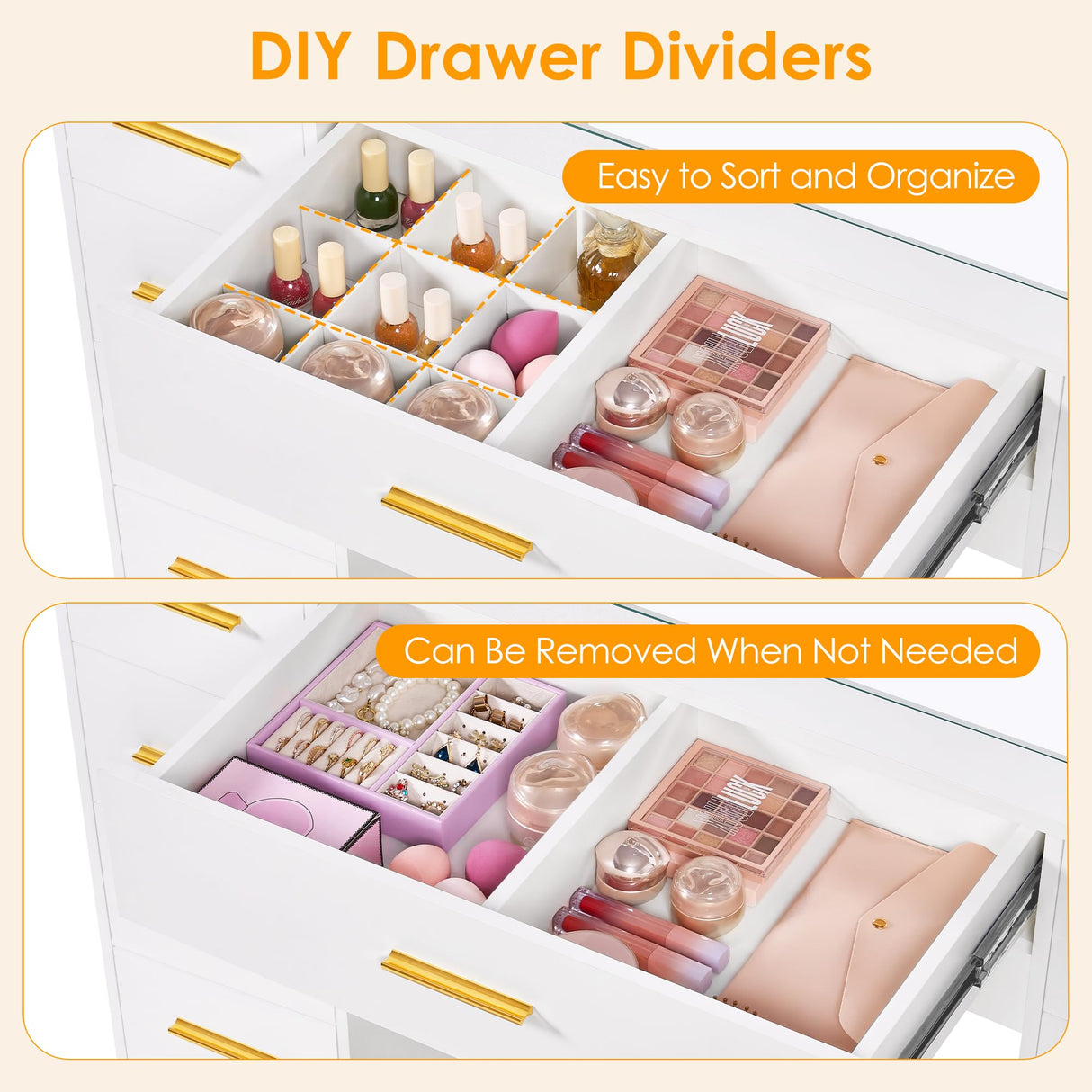 ANWBROAD 49.2" Large Vanity Desk with Mirror and Lights White Makeup Vanity Desk with Glass Top and Power Outlet 8 Drawers Nightstand 5 Hooks Vanity Table with Stool for Bedroom Women Girls UBDT88W ANWBROAD