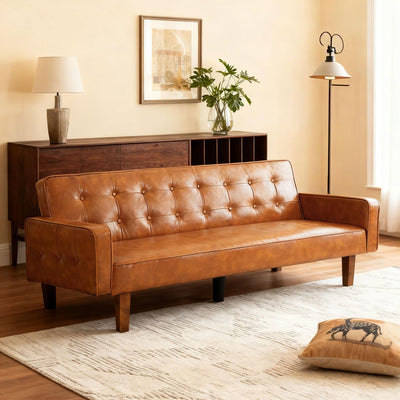 gkxjtzo 74" Faux Leather Futon Sofa Bed Small Space Sleeper Couch, Adjustable Backrest, Mid-Century Modern Loveseat for Living Room, Bedroom, Apartment(Brown)