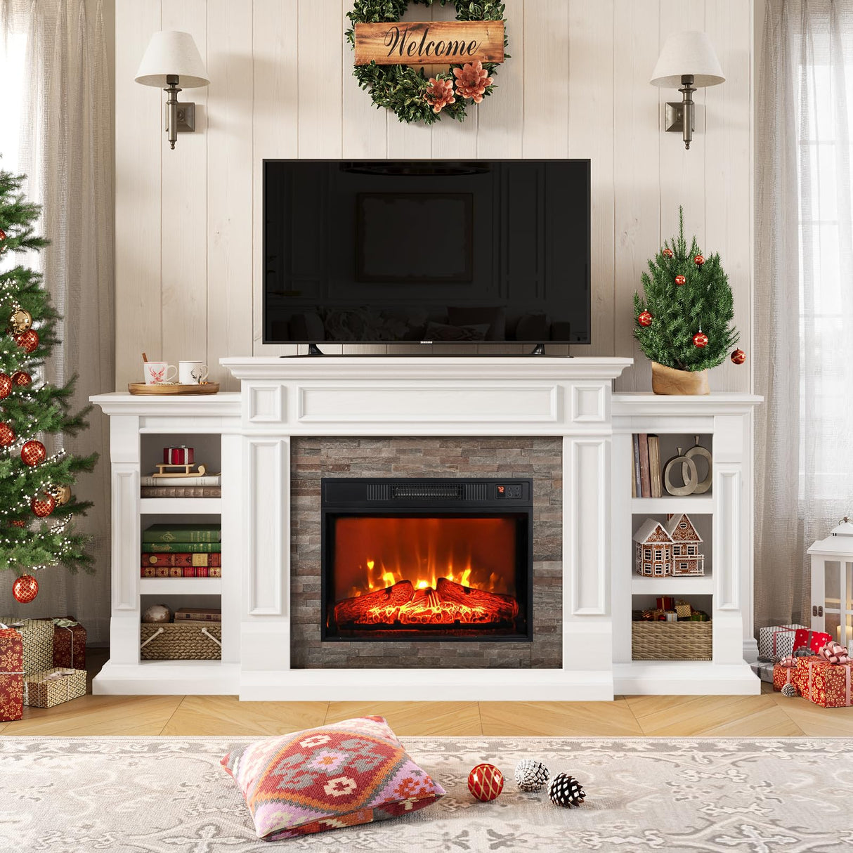 70" Electric Fireplace with Mantel, Fireplace TV Stand for TVs Up to 80 Inch, Modern Entertainment Center with Storage, Realistic Stacked Stone Surround with Remote Control for Living Room, Bedroom LGHM