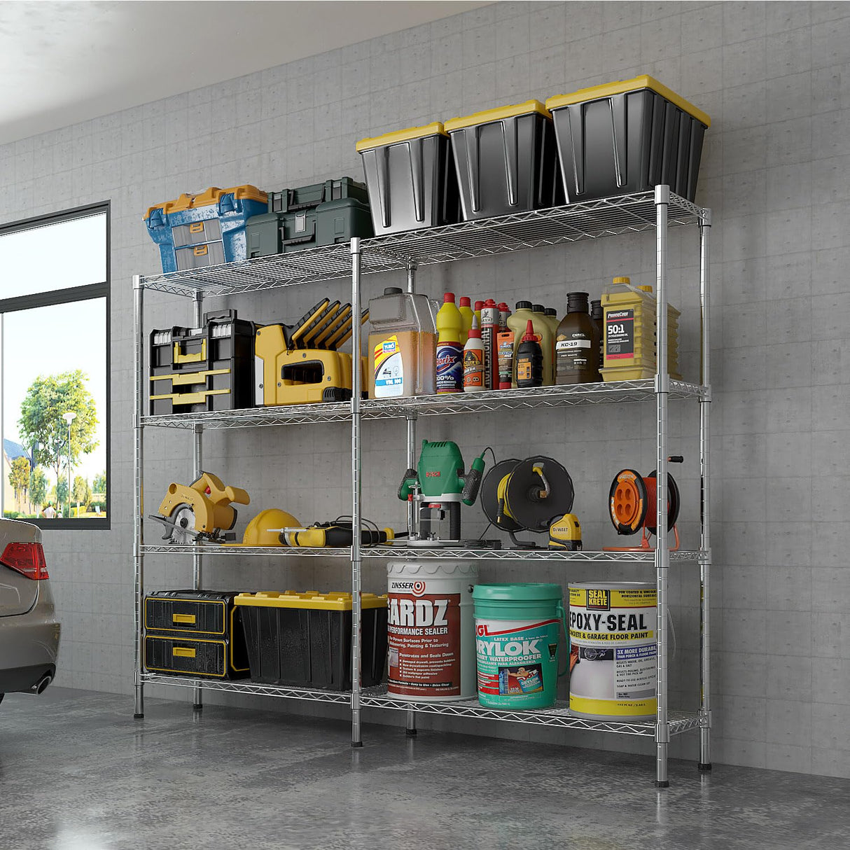 58 inch Wide Shelving Unit, 4 Tier Metal Rack, Pantry Storage Shelves Adjustable Wire Steel Shelving Unit for Heavy Duty Garage, Pantry, Kitchen Carbon Steel Storage Chrome TOEMOA