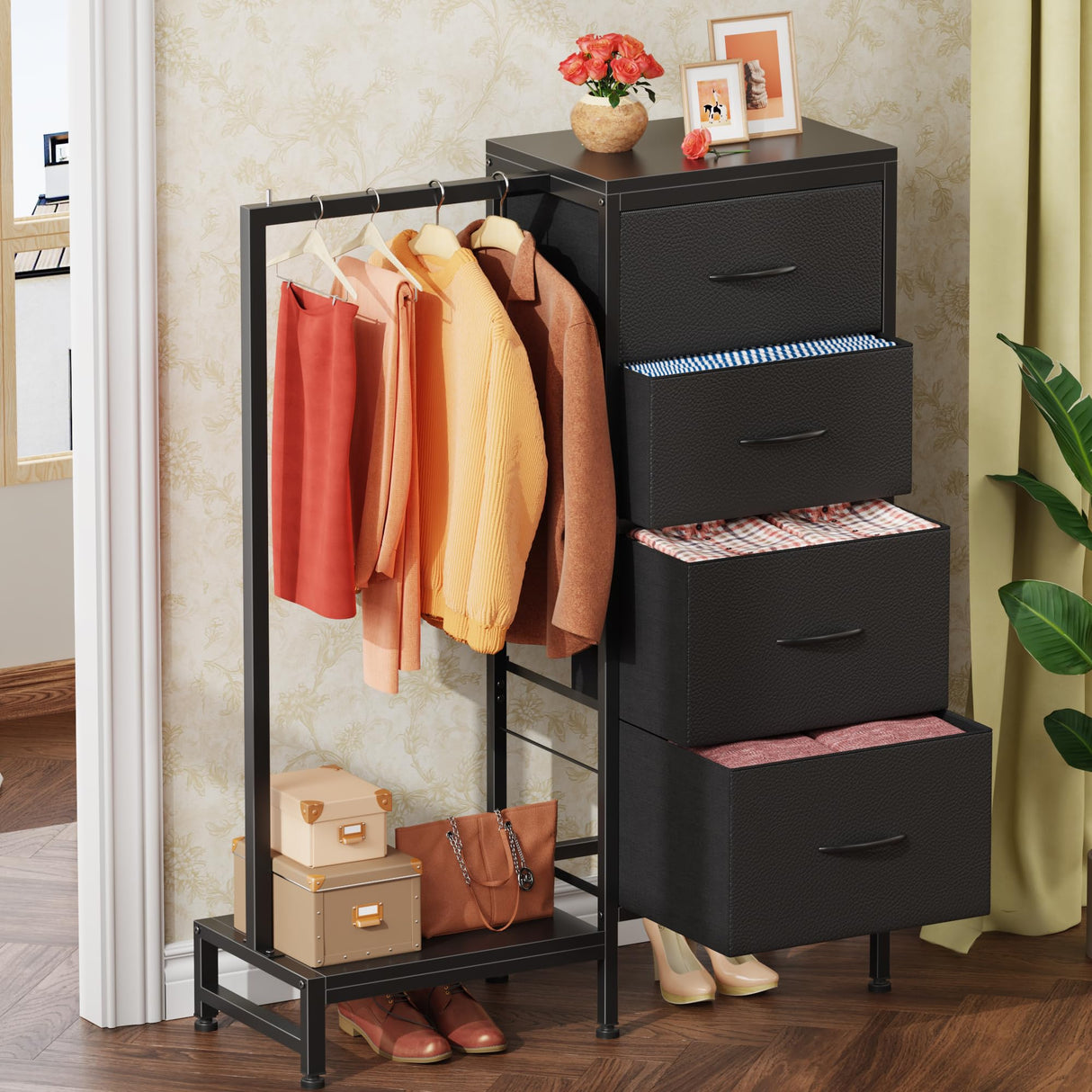 HIGDBFE Dresser with Hanging Rack, 4 Drawers Small Closet for Bedroom, Reversible Fabric Kids Chest of Drawers with Clothes Rack, Tall Storage Tower, Sturdy Frame, Black, 44''H HIGDBFE