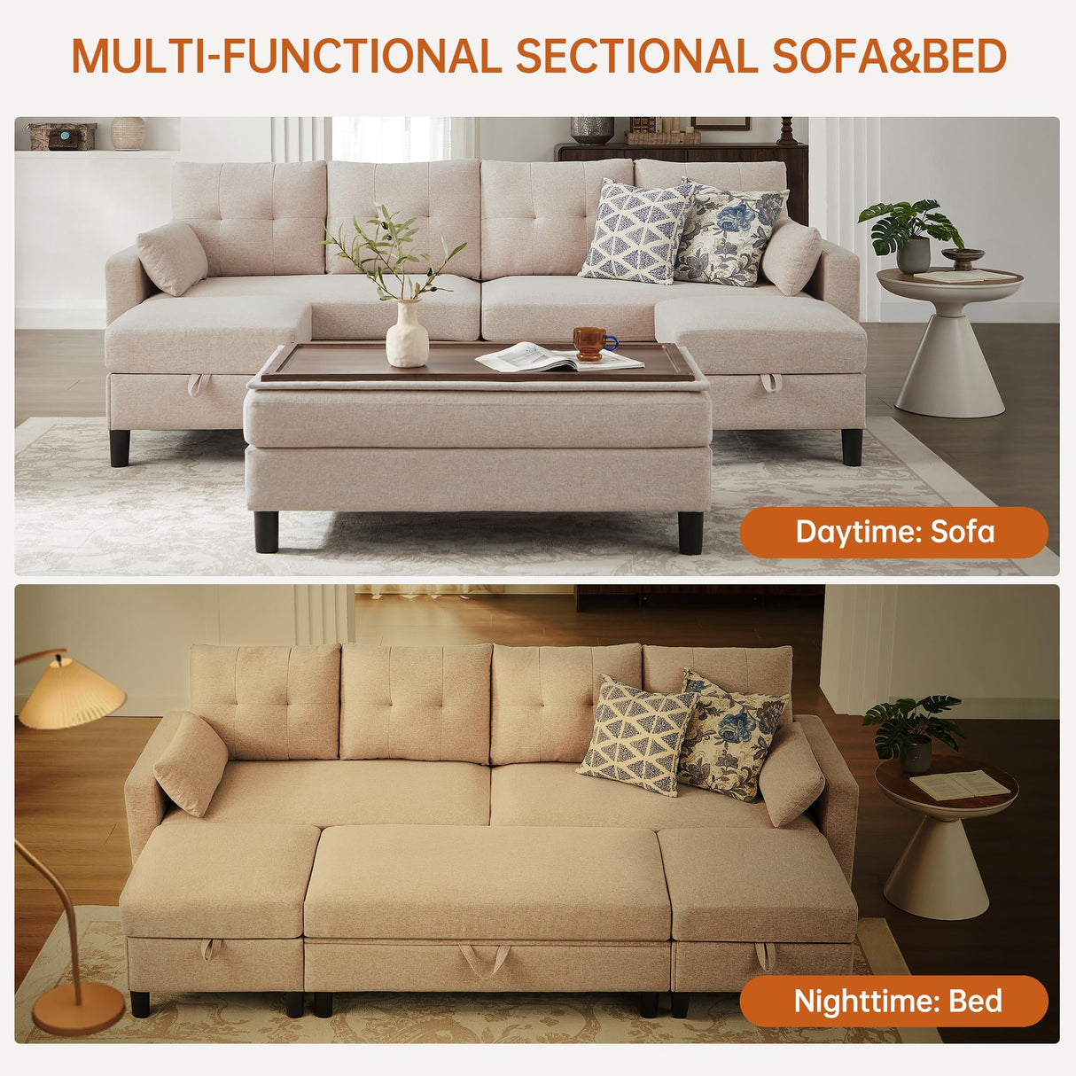 Convertible Sectional Sleeper Sofa with Storages, 100" U Shaped 4 Seater Couch with 2 Movable Ottomans and 1 Ottoman Bench Polyester Fibre for Living Room, Beige Soscana